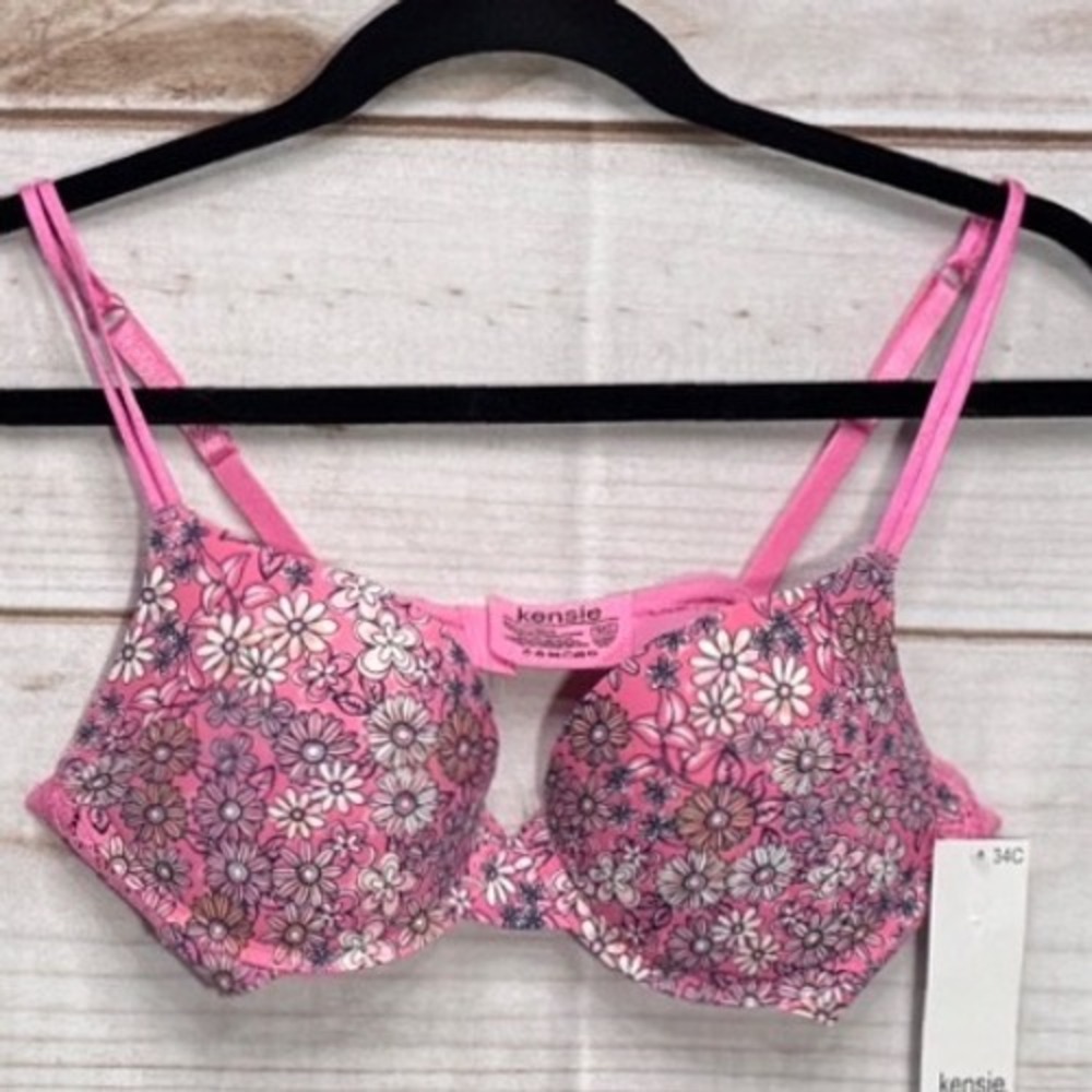 Kensie Pink Floral Lace Push Up Bra 34C Underwire Padded Adjustable Straps NWT
